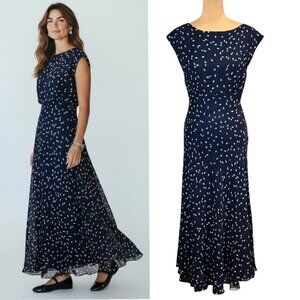 100% Silk Printed Maxi Dress SZ 12 Dark Blue Empire Waist Flowy Feminine A-Line